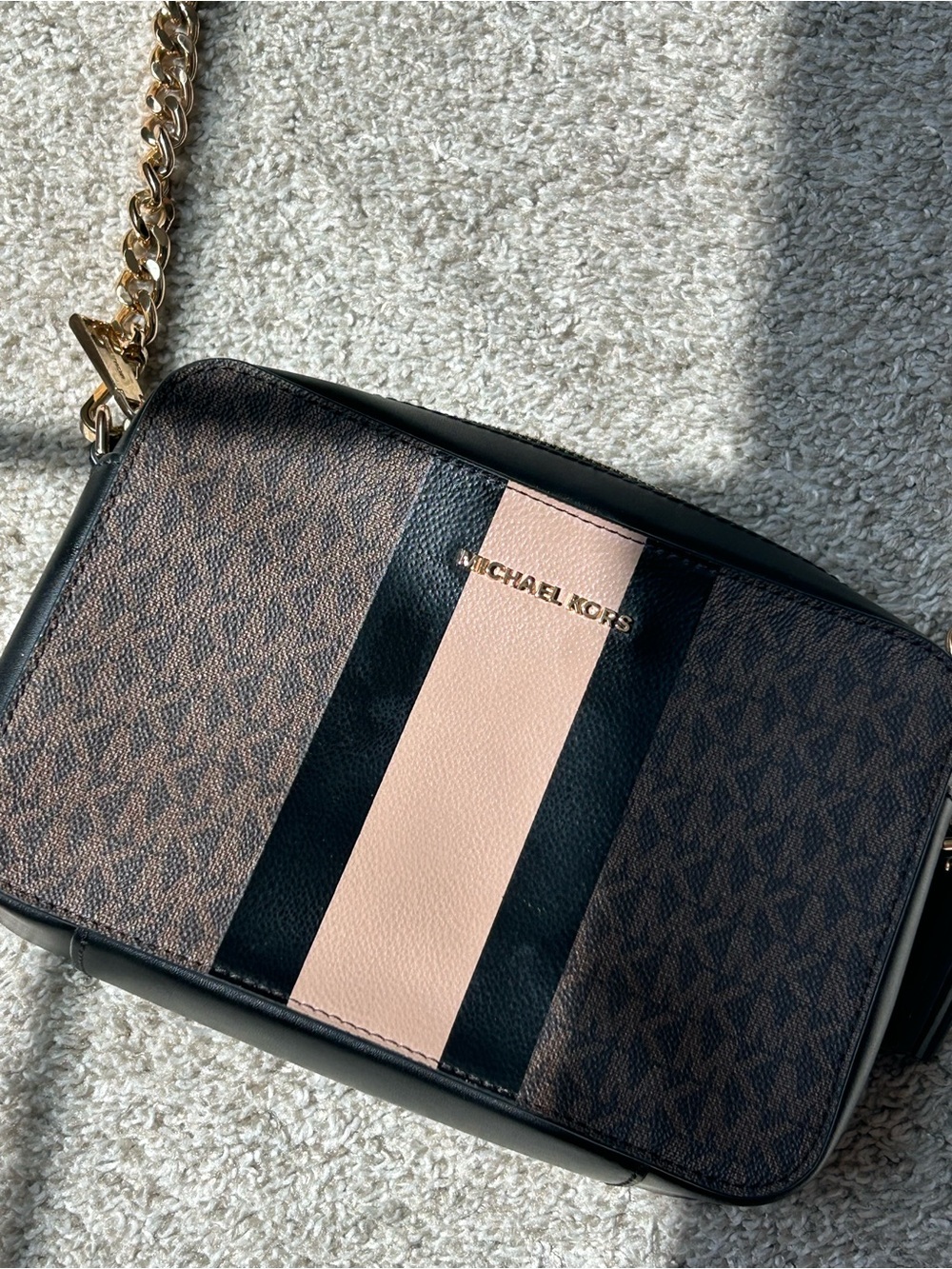 Michael Kors Brown Crossbody with Pink and Black Center Stripe